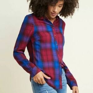 Modcloth Plaid Button Down Long Sleeve Round Collar Shirt XS